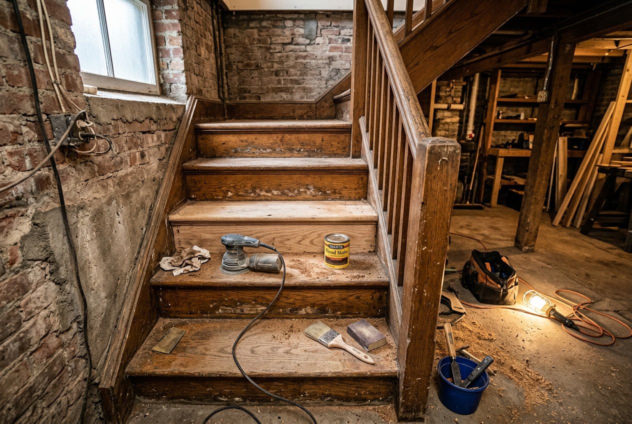 Indvendig kældertrappe i træ til renovering af kælder